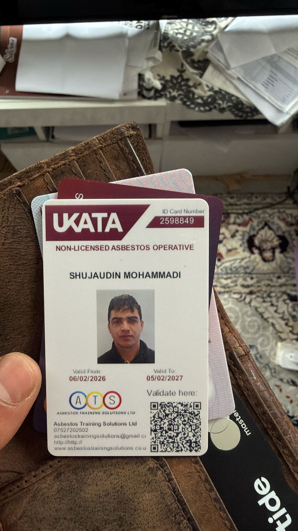 UKATA Non-Licensed Asbestos Operative ID card — Shujaudin Mohammadi, valid to February 2027