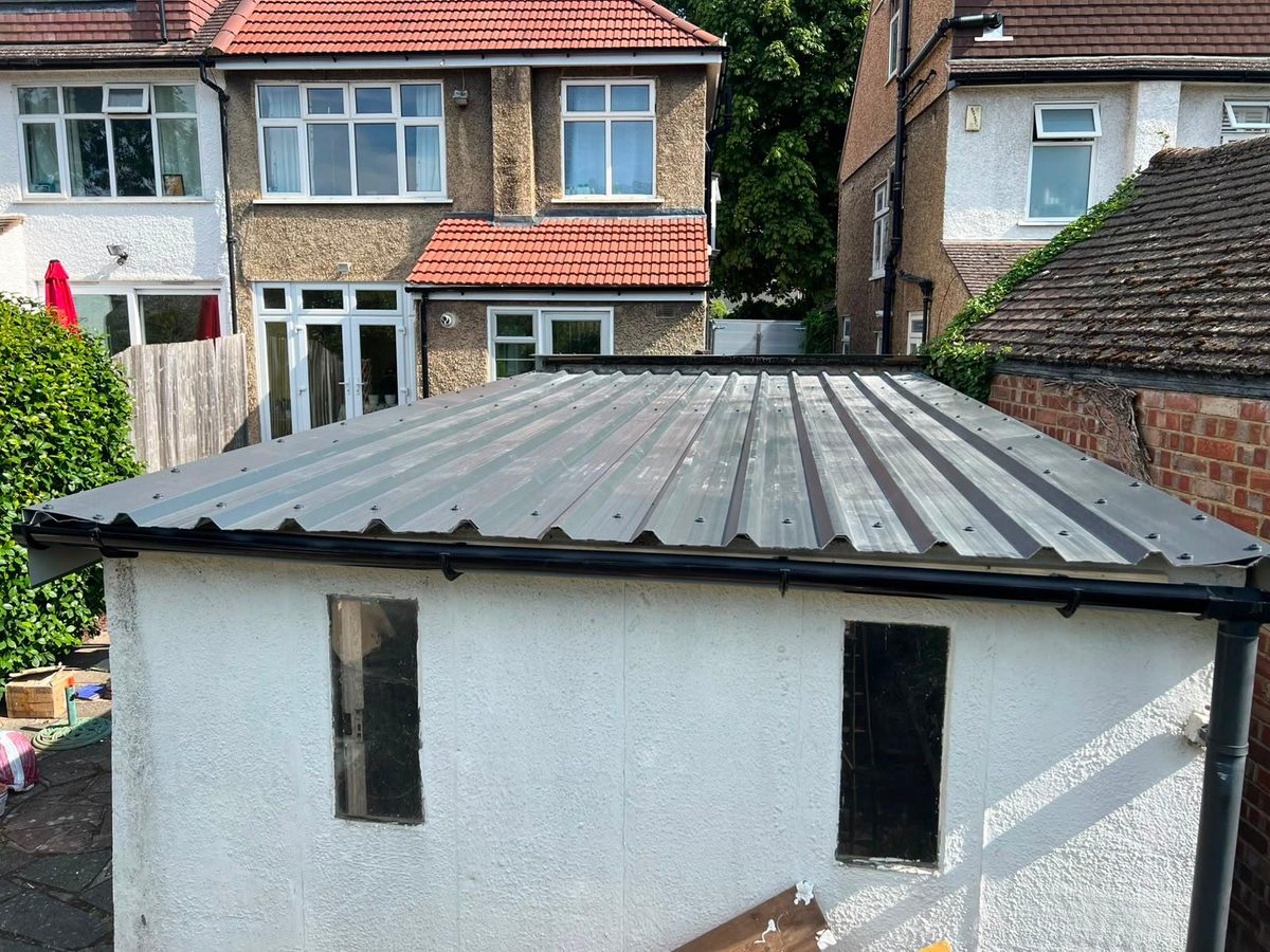 Completed new metal garage roof from above — Croydon job